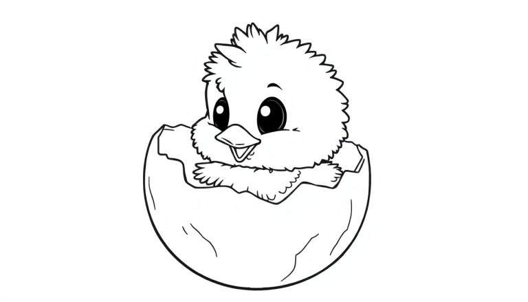 A fluffy chick peeking from a cracked egg, a charming black and white color panel illustration for kids.