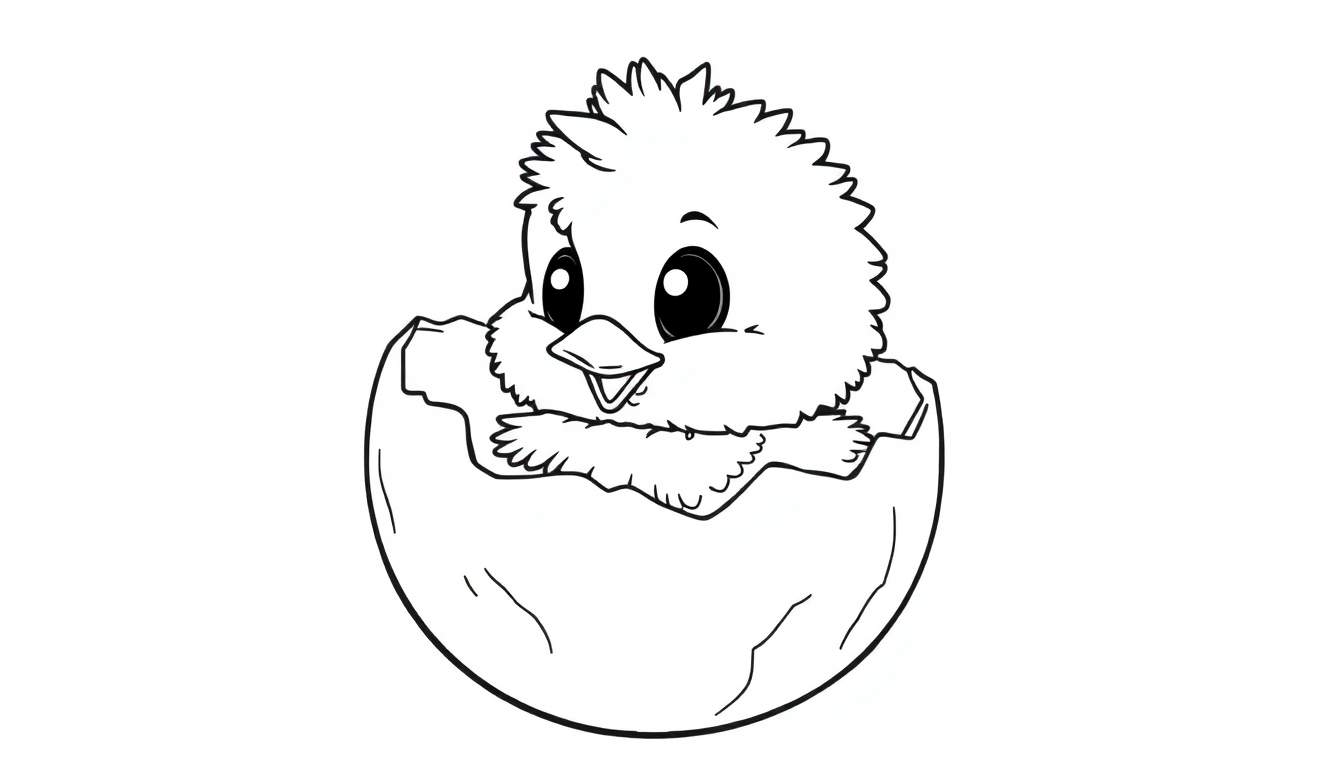 A fluffy chick peeking from a cracked egg, a charming black and white color panel illustration for kids.