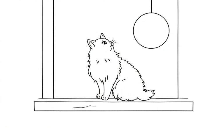 A fluffy black and white cat on a windowsill, looking up at the moon, ready for coloring in this color panel.