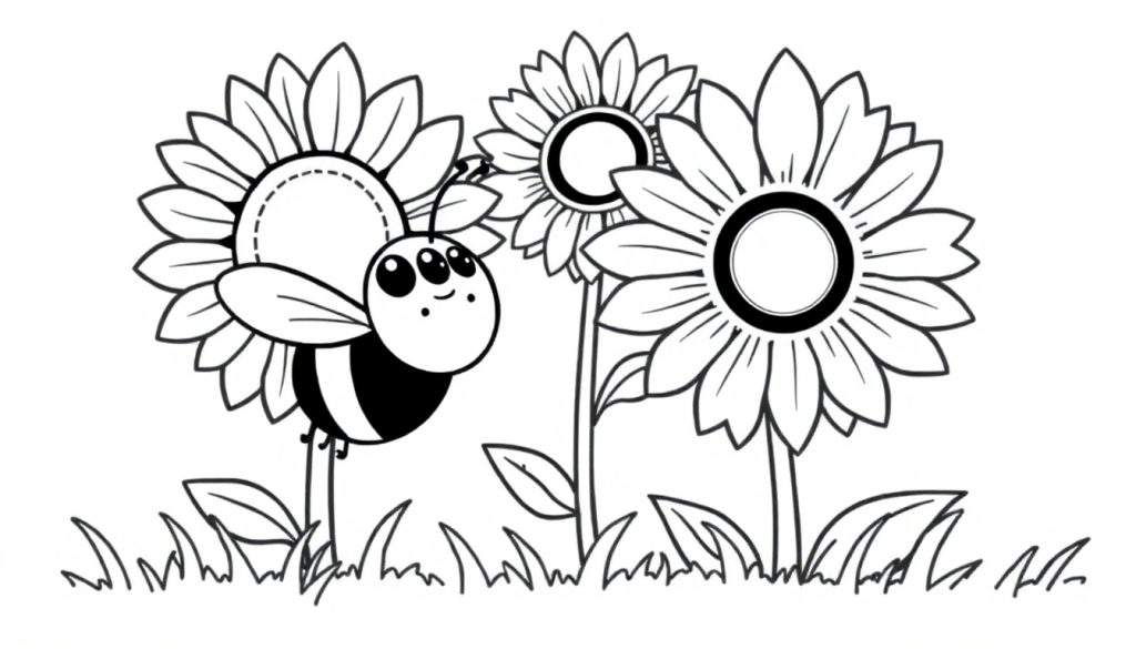 A friendly, three-eyed bumblebee with black stripes and wings hovers near a large sunflower in a detailed black and white color panel.