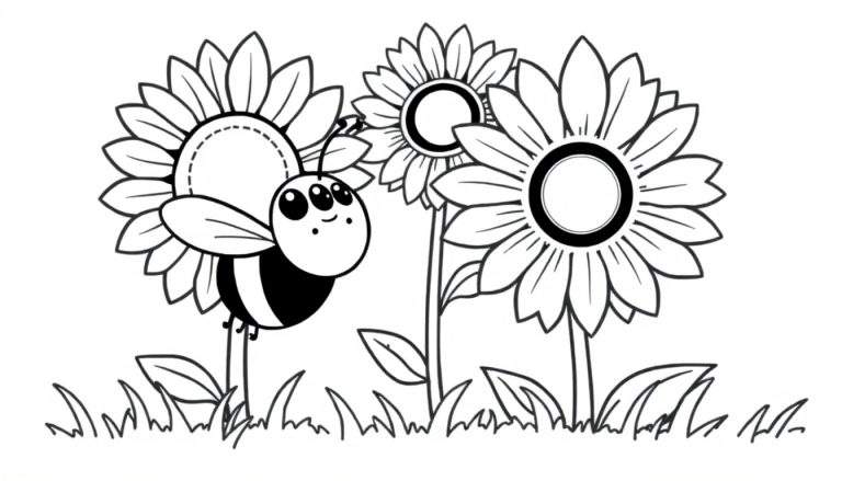 A friendly, three-eyed bumblebee with black stripes and wings hovers near a large sunflower in a detailed black and white color panel.