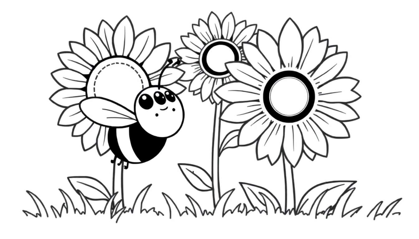 A friendly, three-eyed bumblebee with black stripes and wings hovers near a large sunflower in a detailed black and white color panel.