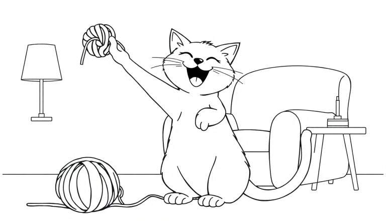 A happy cartoon cat holding a ball of yarn overhead in a black and white color panel.