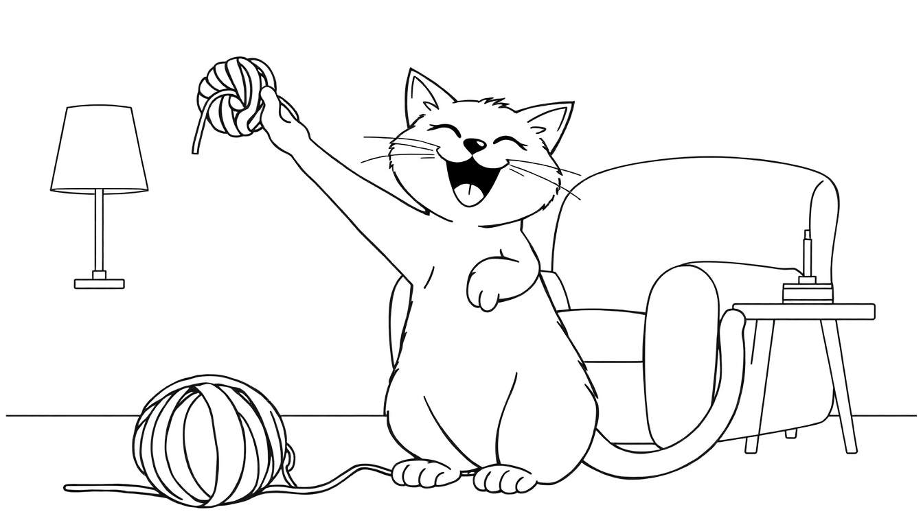 A happy cartoon cat holding a ball of yarn overhead in a black and white color panel.
