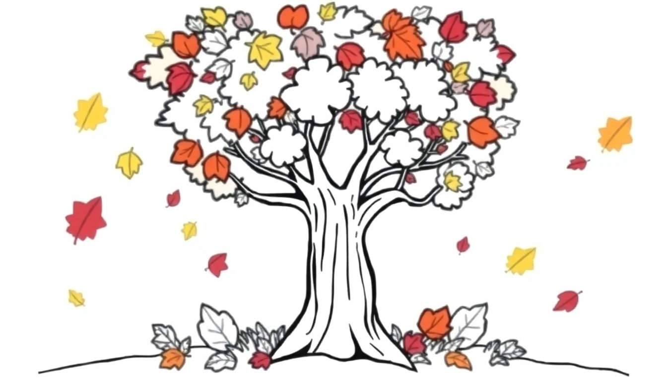 A cheerful autumn tree with big, colorful red, orange, and yellow leaves, some of which are falling.