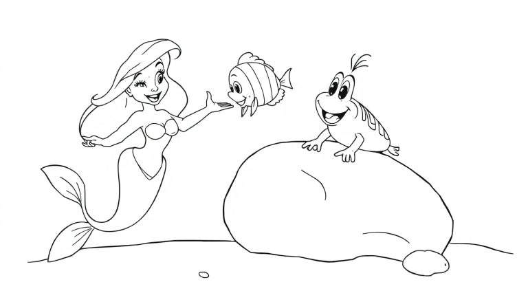 A cute black and white illustration of Ariel, Flounder, and Sebastian, ready for a coloring adventure. This is a color panel.