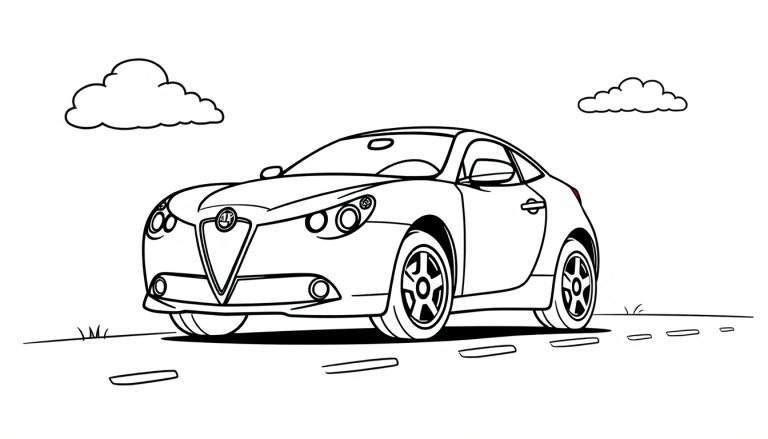 A cute black and white outline of an Alfa Romeo car, ready for a coloring adventure on a cloudy day, with a color panel waiting to be filled.