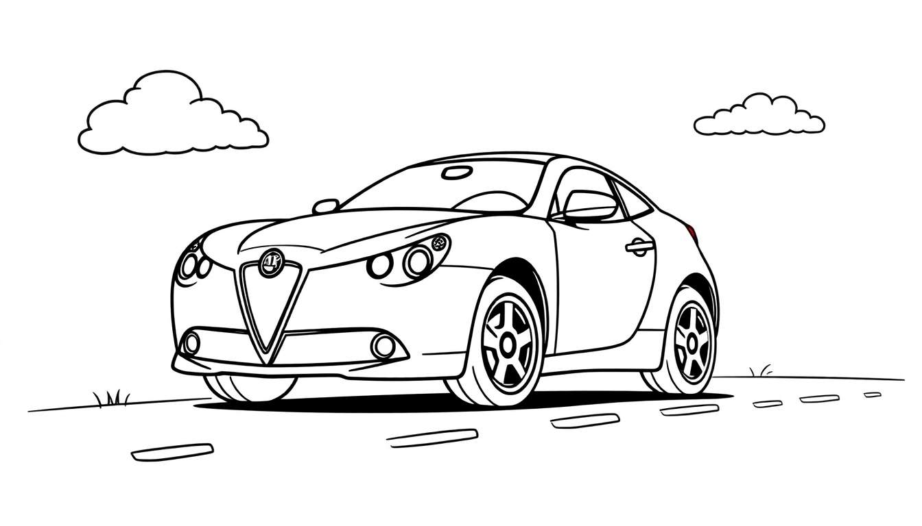 A cute black and white outline of an Alfa Romeo car, ready for a coloring adventure on a cloudy day, with a color panel waiting to be filled.
