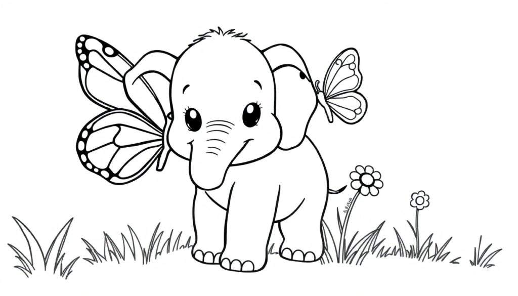 A cute baby elephant with a butterfly on its ear, a delightful color panel.