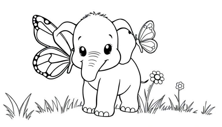 A cute baby elephant with a butterfly on its ear, a delightful color panel.