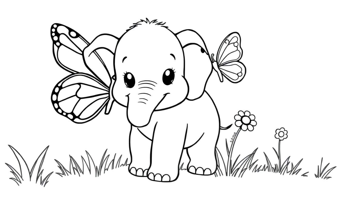 A cute baby elephant with a butterfly on its ear, a delightful color panel.