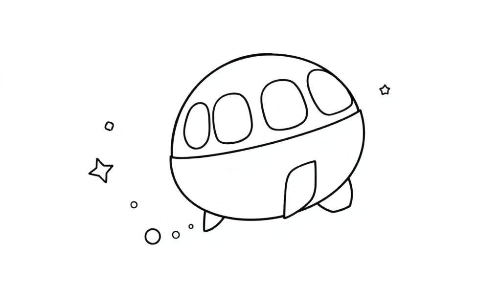 A black and white cartoon spaceship, like a little flying saucer with windows, floating among stars. Perfect for a color panel.