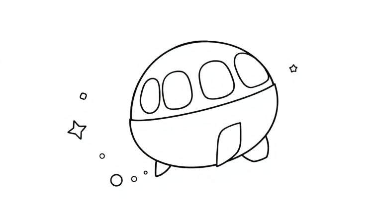 A black and white cartoon spaceship, like a little flying saucer with windows, floating among stars. Perfect for a color panel.