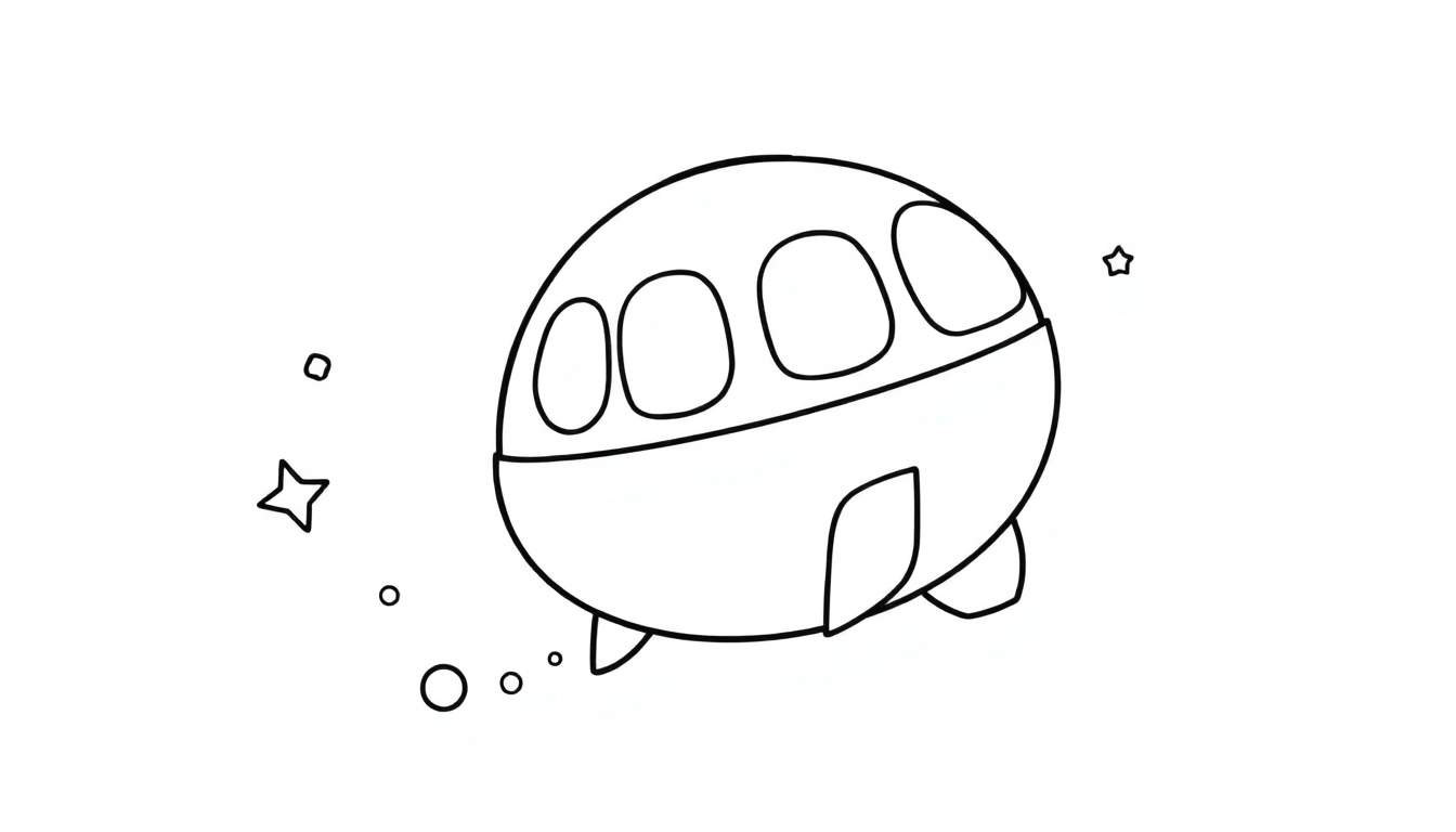 A black and white cartoon spaceship, like a little flying saucer with windows, floating among stars. Perfect for a color panel.
