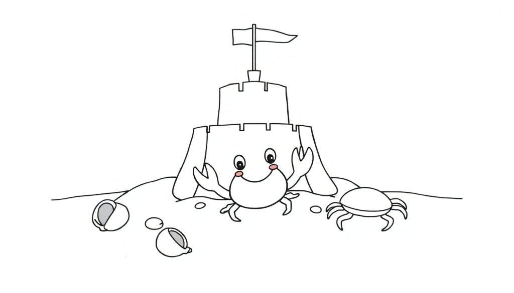 A cute sandcastle with a smiling crab face, a flag, and other crabs and seashells on the beach, ready for coloring in this color panel.