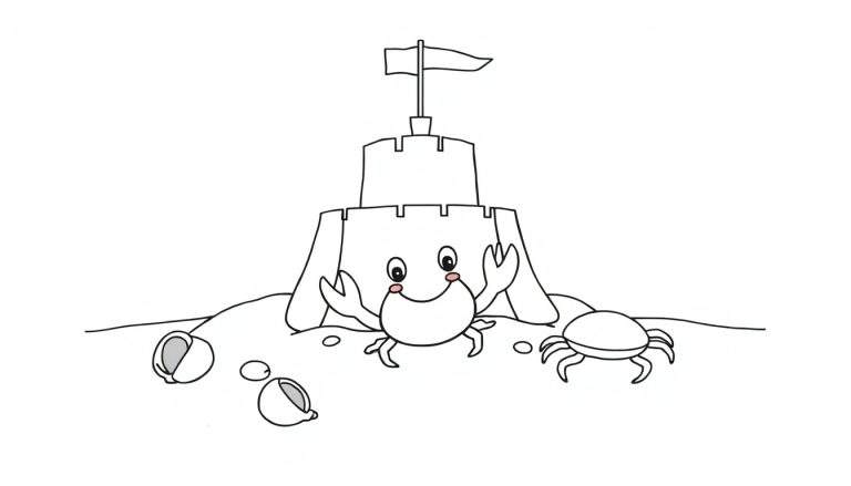 A cute sandcastle with a smiling crab face, a flag, and other crabs and seashells on the beach, ready for coloring in this color panel.