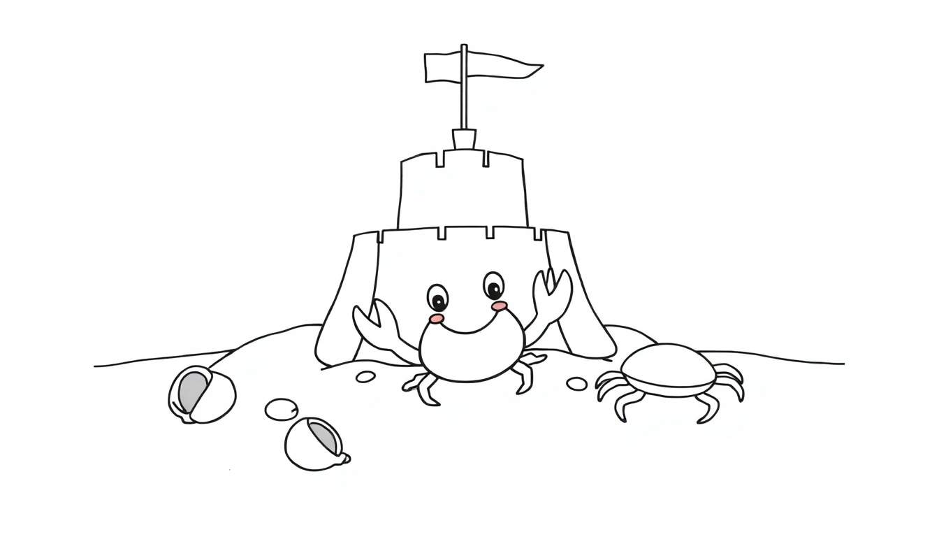 A cute sandcastle with a smiling crab face, a flag, and other crabs and seashells on the beach, ready for coloring in this color panel.