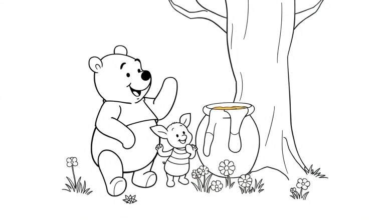 Winnie the Pooh and Piglet smiling with a honey pot, a black and white coloring page for kids, a fun color panel.