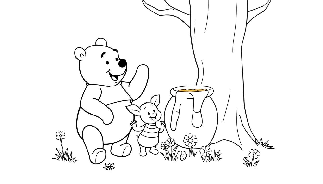 Winnie the Pooh and Piglet smiling with a honey pot, a black and white coloring page for kids, a fun color panel.