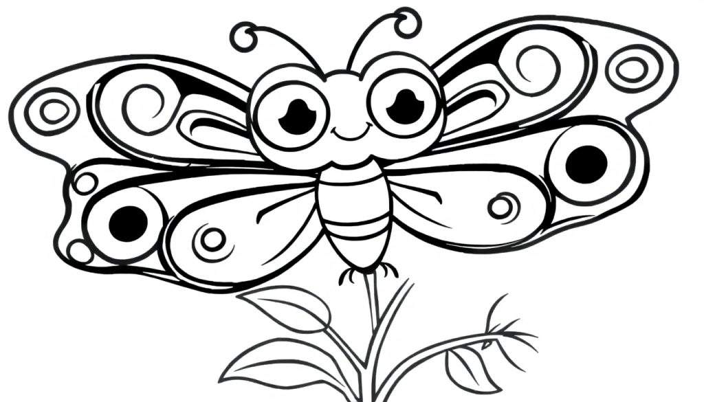 A cute cartoon butterfly with big eyes and swirling wing patterns on a plant, ready for coloring. Black and white line art color panel.