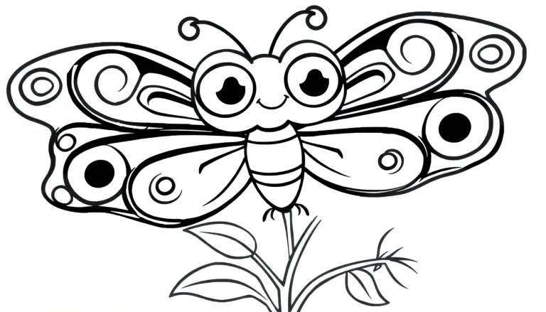 A cute cartoon butterfly with big eyes and swirling wing patterns on a plant, ready for coloring. Black and white line art color panel.
