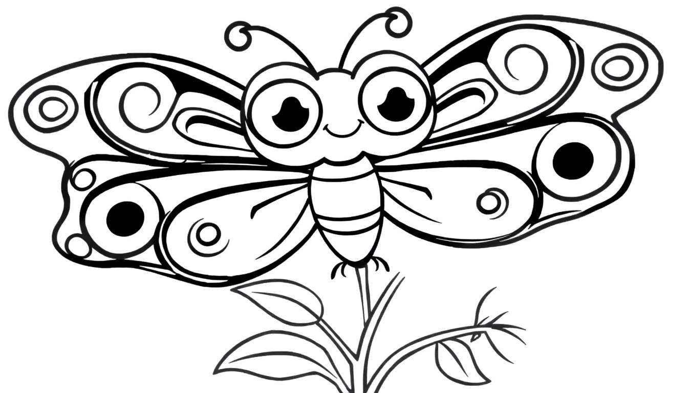 A cute cartoon butterfly with big eyes and swirling wing patterns on a plant, ready for coloring. Black and white line art color panel.