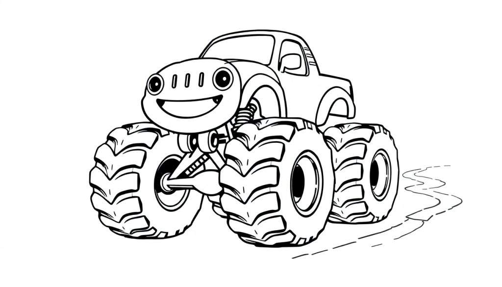 A cute friendly monster truck in a black and white color panel, with big wheels and a smiling face, ready for adventure.
