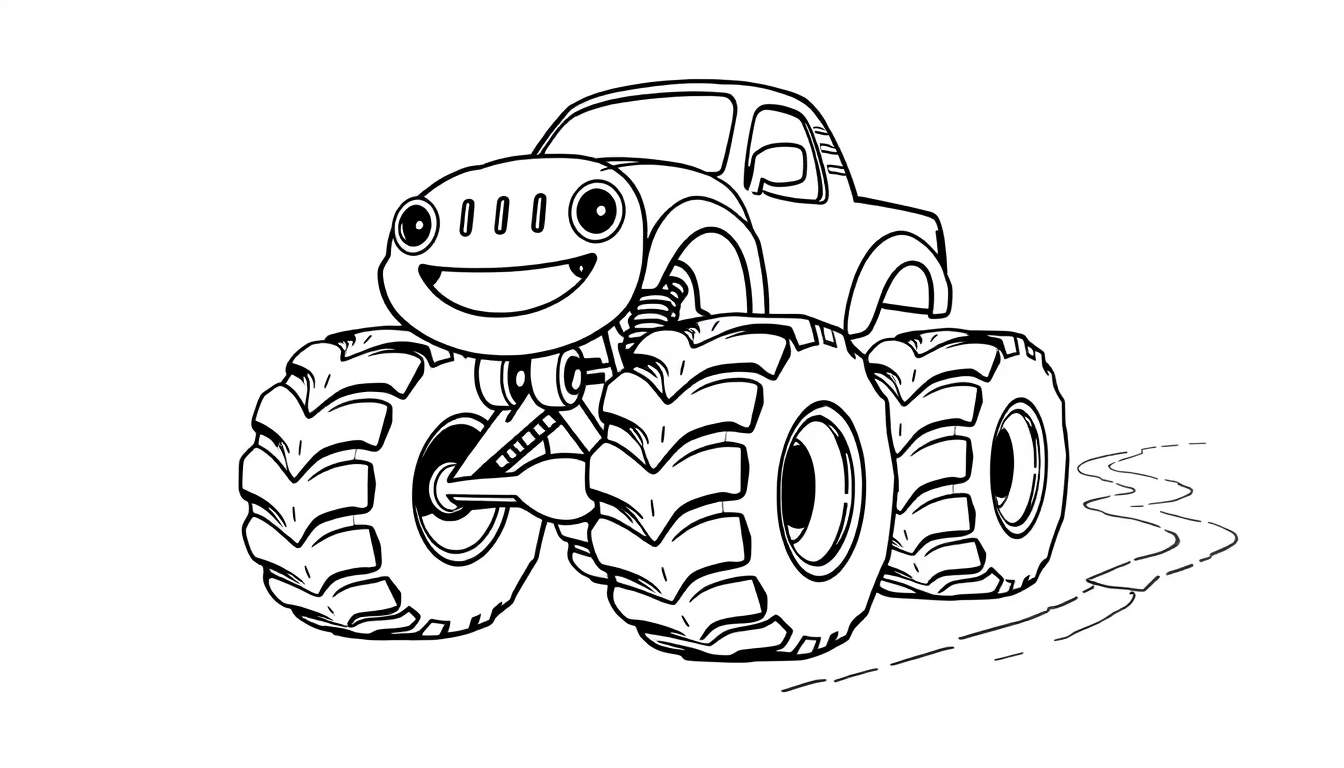 A cute friendly monster truck in a black and white color panel, with big wheels and a smiling face, ready for adventure.