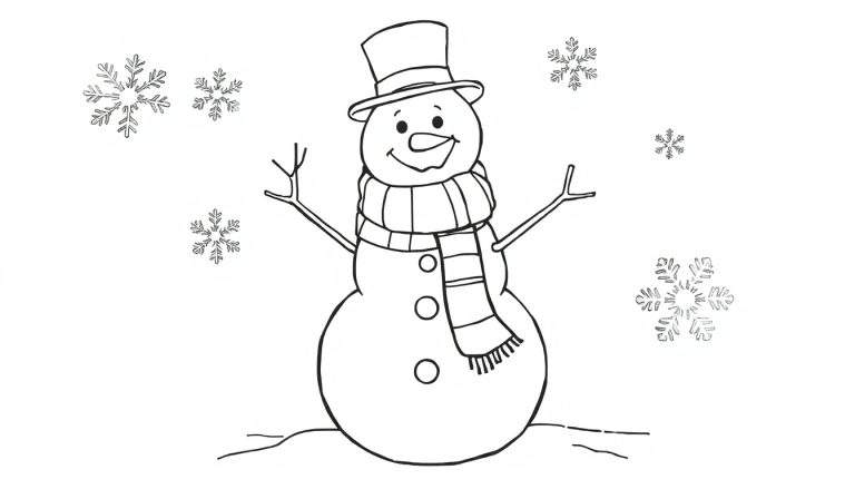 A happy snowman, ready for coloring, wearing a top hat and striped scarf, surrounded by a flurry of snowflakes. A fun winter color panel.