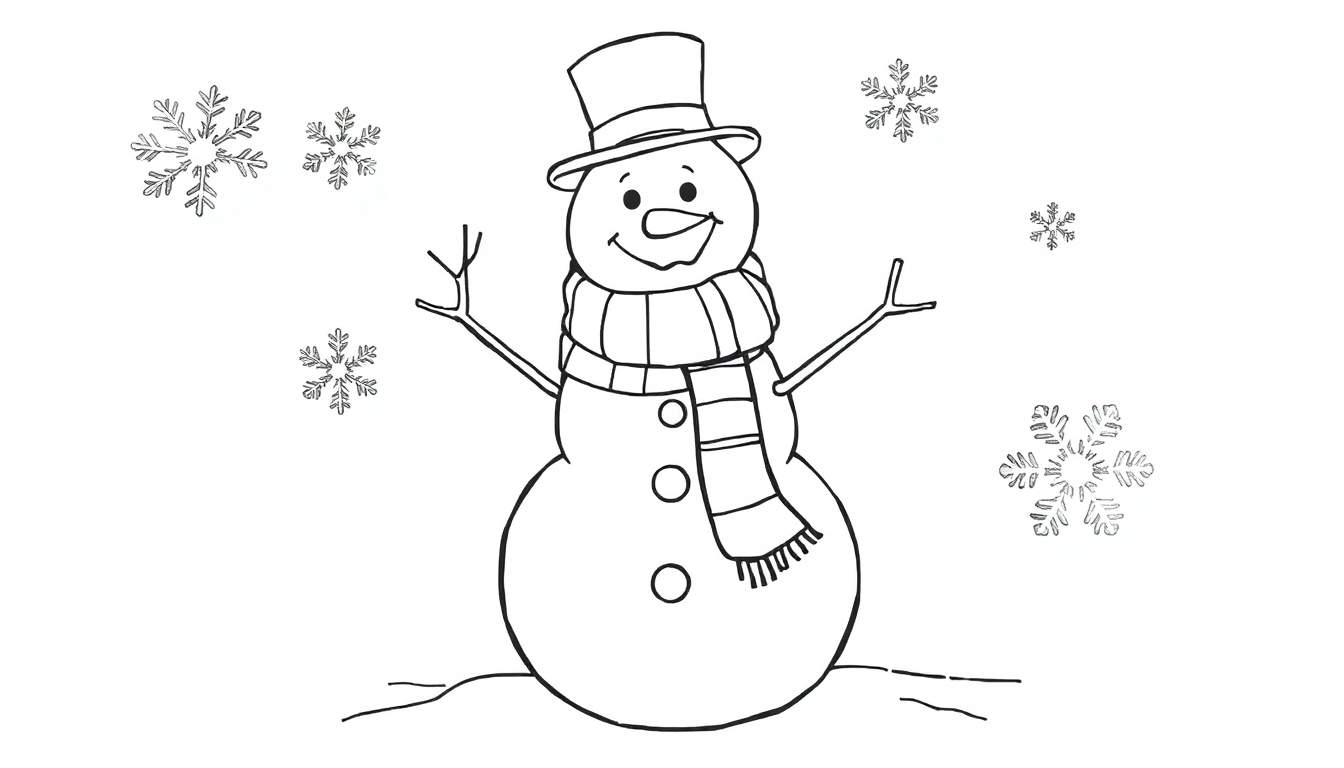 A happy snowman, ready for coloring, wearing a top hat and striped scarf, surrounded by a flurry of snowflakes. A fun winter color panel.