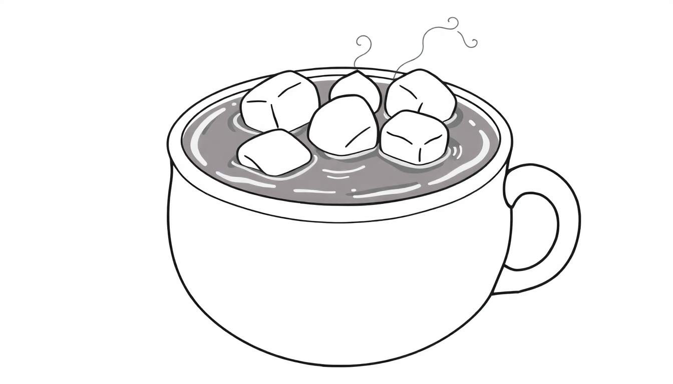 A coloring page of a mug of hot chocolate with marshmallows and steam, a fun color panel activity.