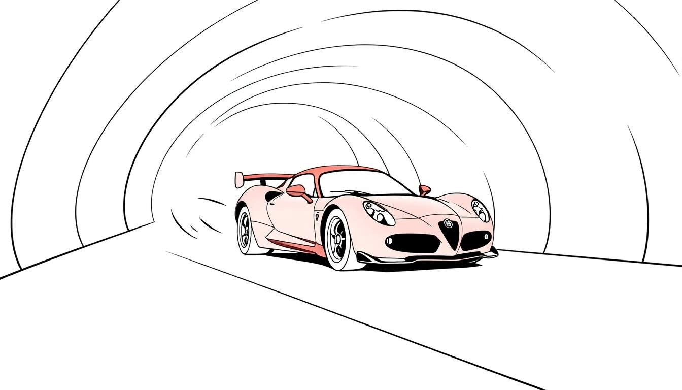 A stylized light pink sports car with a spoiler driving through a tunnel with colorful arching lines.