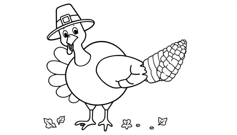 A friendly black and white drawing of a turkey in a pilgrim hat holding a corn cob, perfect for a color panel.