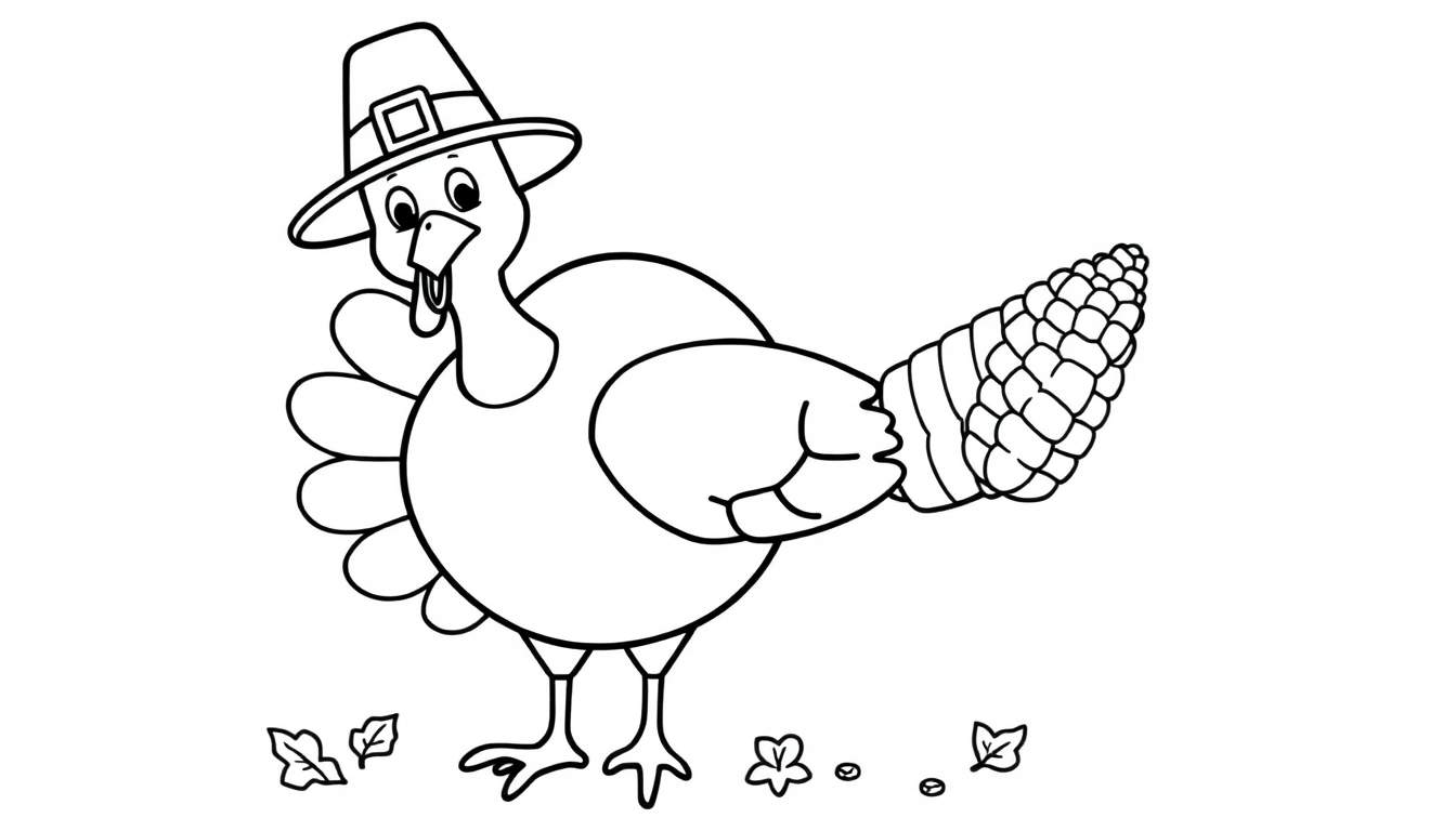 A friendly black and white drawing of a turkey in a pilgrim hat holding a corn cob, perfect for a color panel.