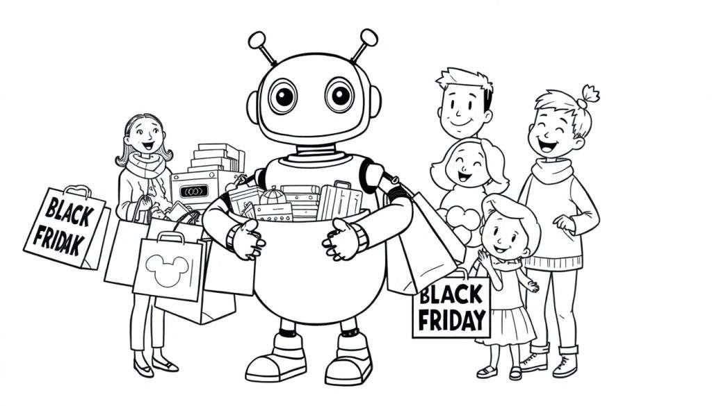 Black and white color panel illustration of a robot assisting a family with Black Friday shopping, carrying heavy bags.