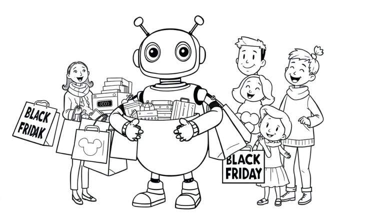 Black and white color panel illustration of a robot assisting a family with Black Friday shopping, carrying heavy bags.