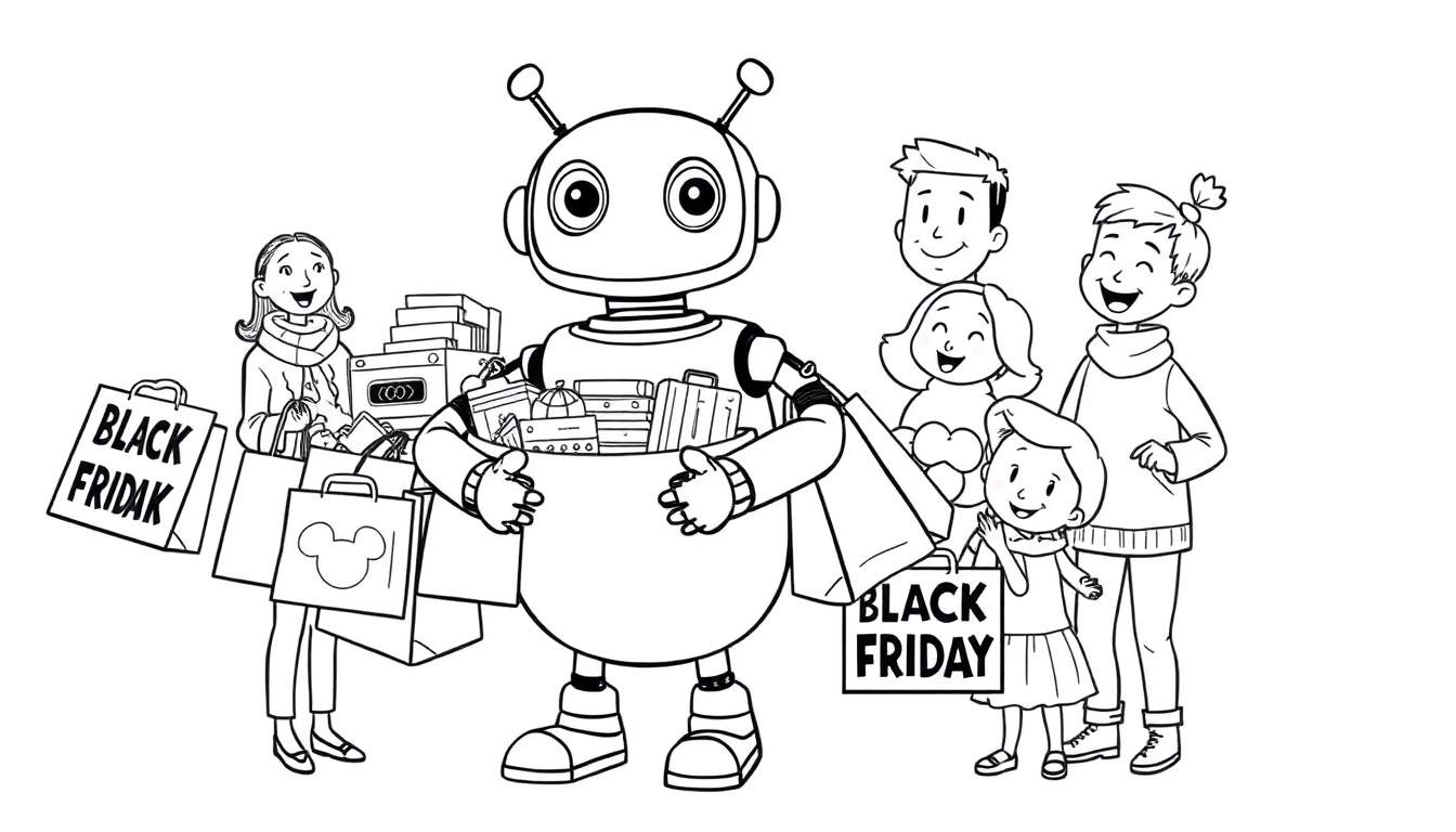 Black and white color panel illustration of a robot assisting a family with Black Friday shopping, carrying heavy bags.