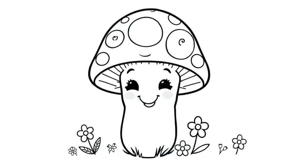 A happy mushroom in a black and white color panel, ready for coloring.
