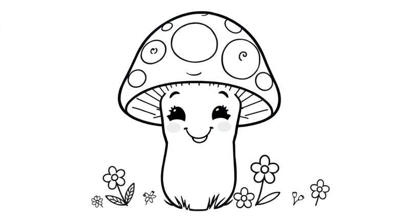 A happy mushroom in a black and white color panel, ready for coloring.