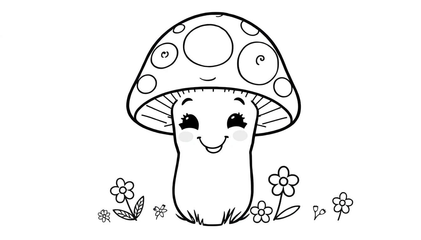 A happy mushroom in a black and white color panel, ready for coloring.