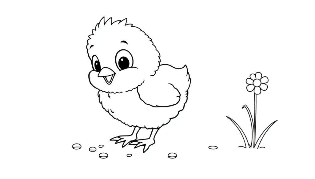 A cute chick pecking seeds near a flower, a color panel for kids.