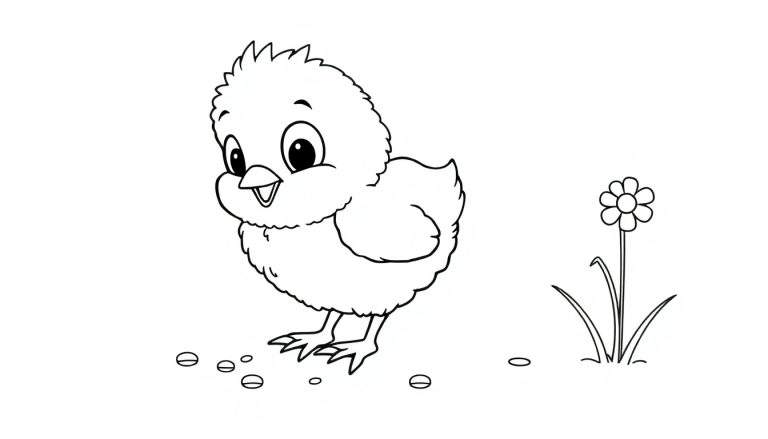 A cute chick pecking seeds near a flower, a color panel for kids.