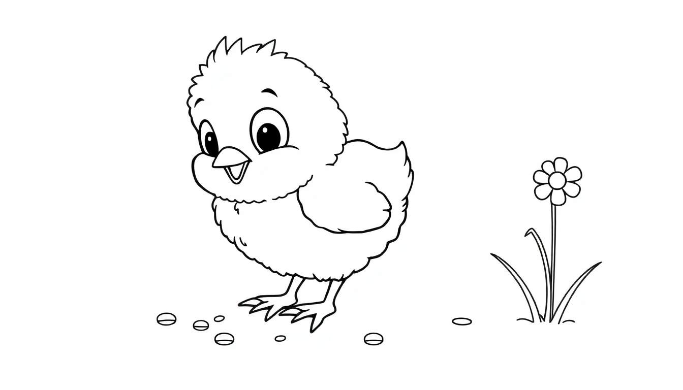 A cute chick pecking seeds near a flower, a color panel for kids.