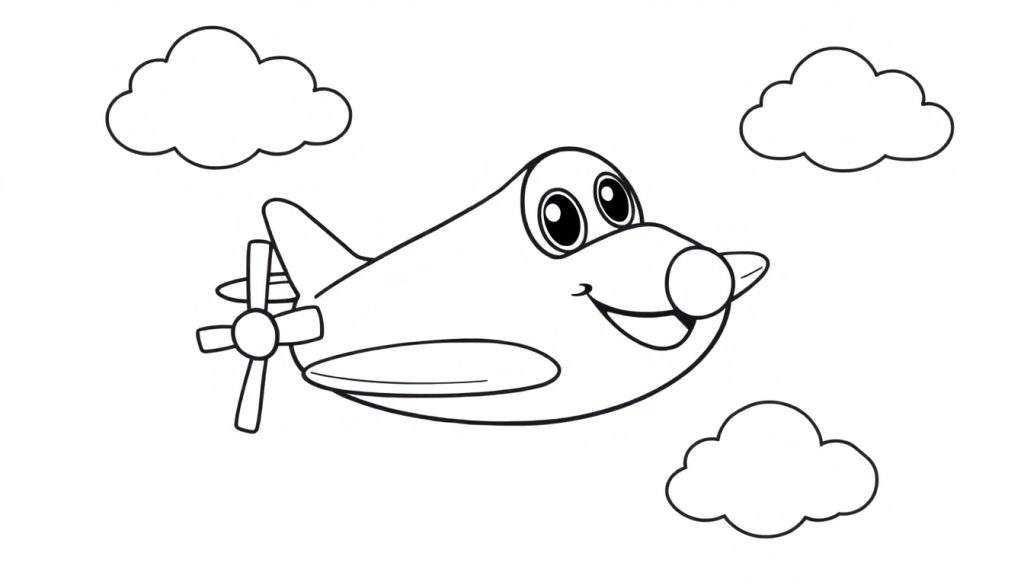 A happy cartoon airplane, a black and white color panel, flying among fluffy clouds.