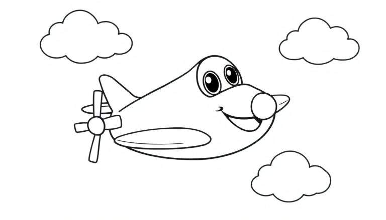 A happy cartoon airplane, a black and white color panel, flying among fluffy clouds.