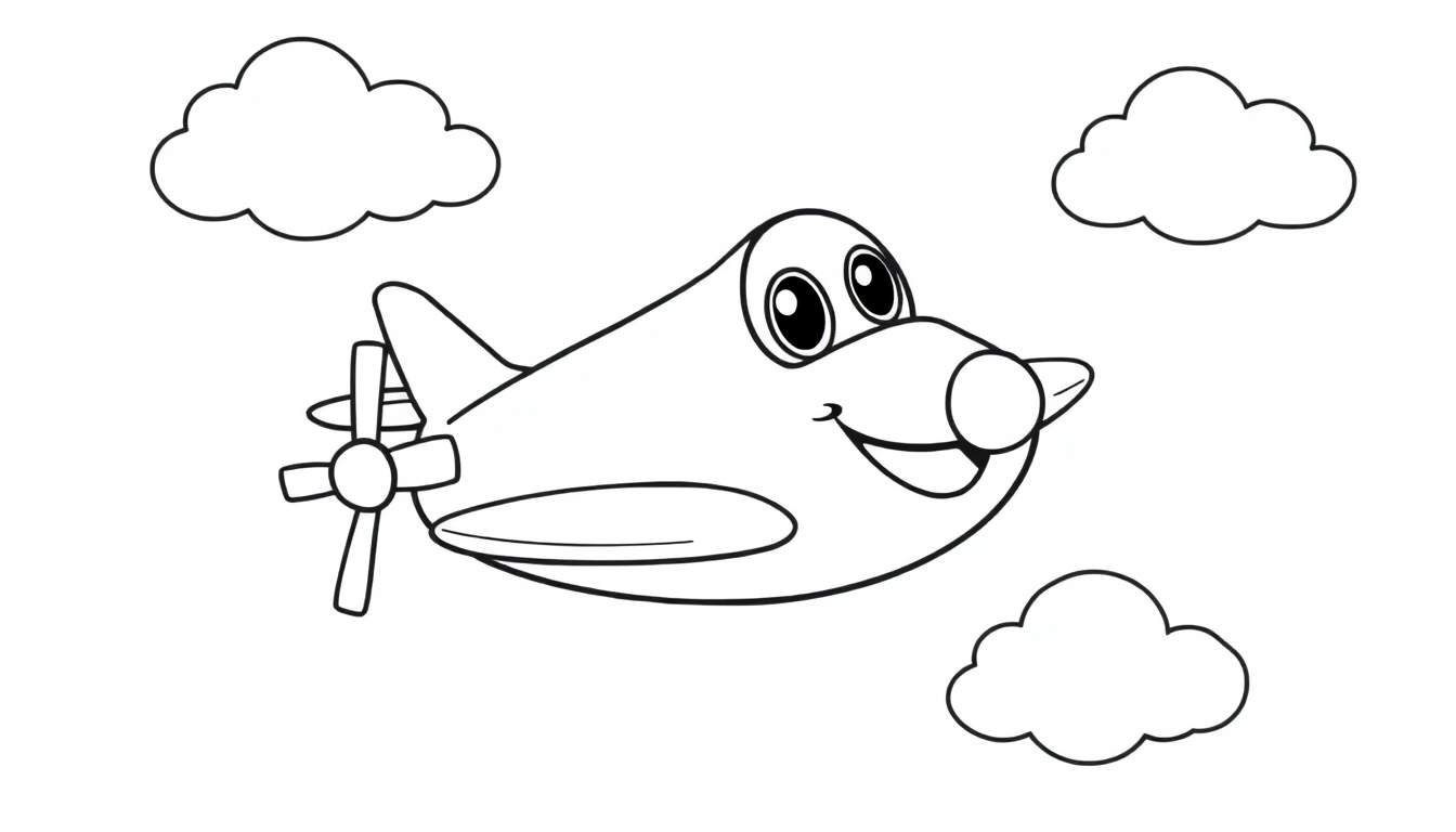 A happy cartoon airplane, a black and white color panel, flying among fluffy clouds.