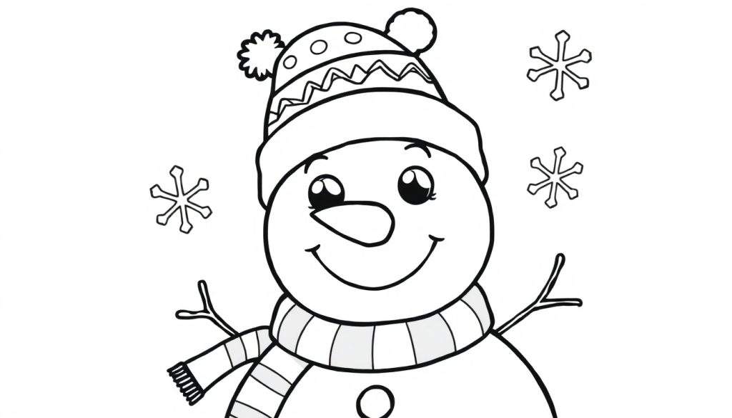 A friendly black and white snowman coloring panel with a carrot nose, button, striped scarf, and pompom hat, surrounded by snowflakes.