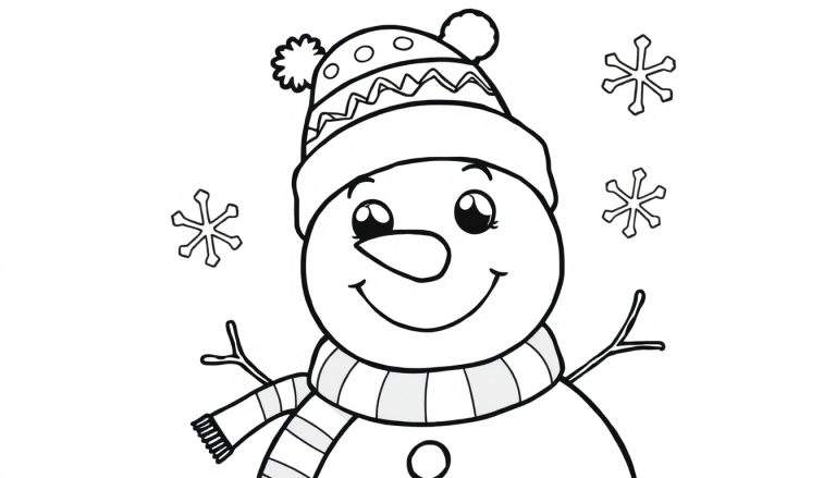 A friendly black and white snowman coloring panel with a carrot nose, button, striped scarf, and pompom hat, surrounded by snowflakes.