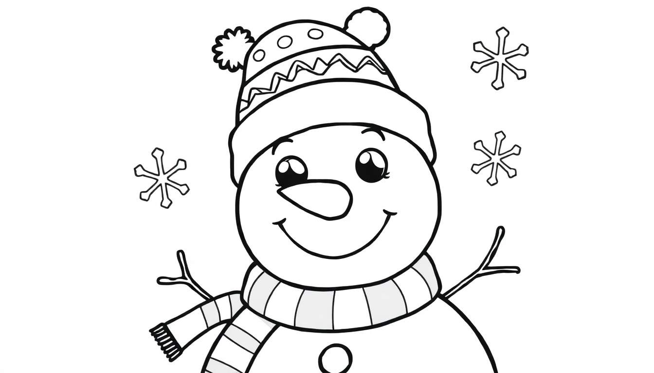 A friendly black and white snowman coloring panel with a carrot nose, button, striped scarf, and pompom hat, surrounded by snowflakes.