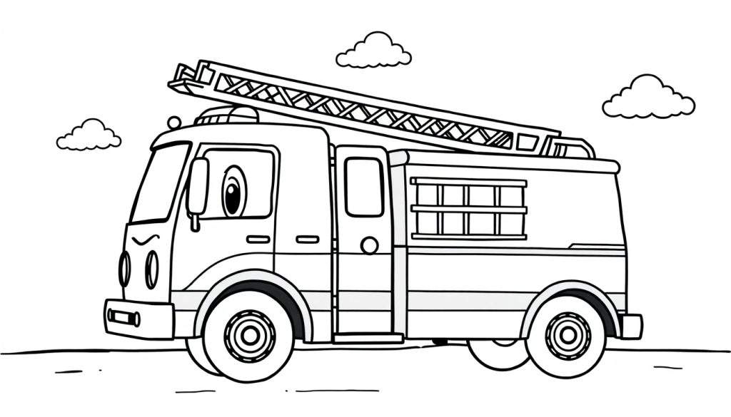 A friendly fire engine coloring panel with a ladder and cartoon eyes.